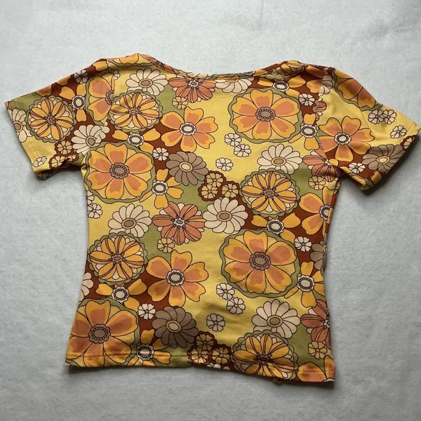 Pie In The Sky Floral Ruched Front Crop Top Womens Small Yellow Retro 70s V-Neck - Image 2
