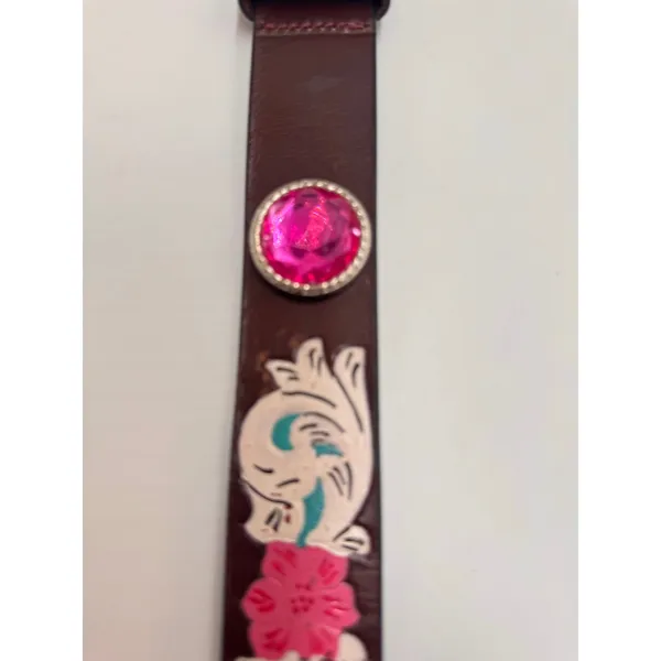 American Bison Large Brown Leather Western Belt Pink Conchos Floral Accent NWT - Image 8