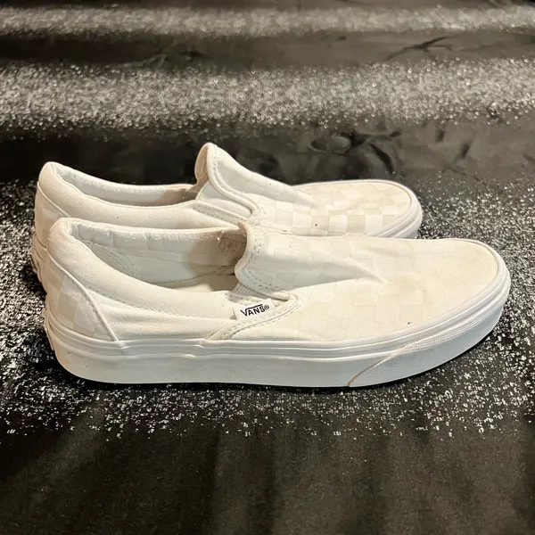 Womens 7 Vans Classic Slip On Checkerboard True White Canvas Sneakers - Image 2