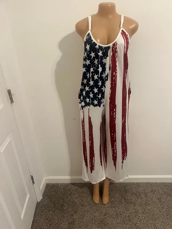 Show your style with this vibrant patriotic jumpsuit, featuring bold red, white, and blue colors. Perfect for any casual outing. - Image 2