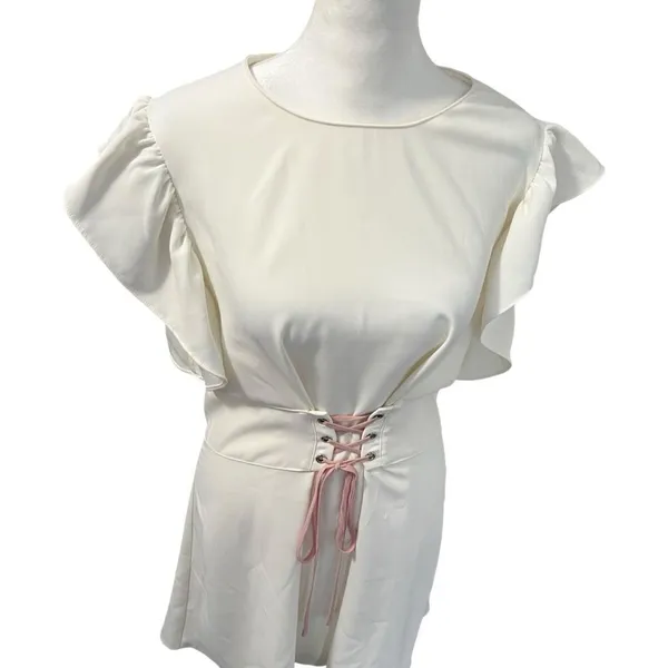 Amanda Uprichard Fairy Ivory Pink Corset Flutter Sleeve Fit Flare Mini Dress L - Image 3