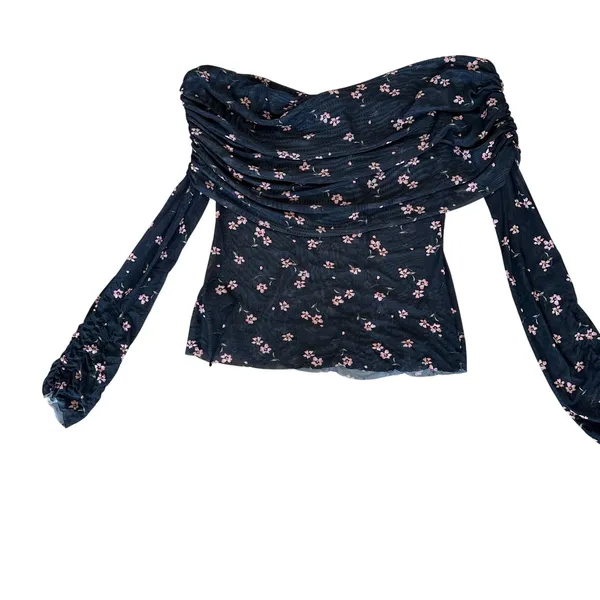 AFRM Black Floral Off the Shoulder Mesh Top MEDIUM Ruched Sheer Bodycon Pink $68 - Image 9