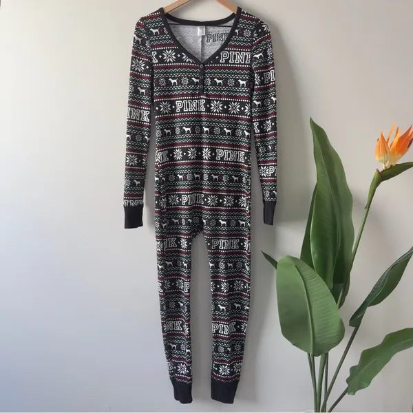 PINK Victoria's Secret Fair Isle Dog Patterned Pajama One Piece Onesie Jumpsuit - Image 2