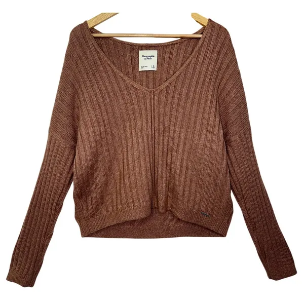 Abercrombie & Fitch Brown Ribbed Knit Long Sleeve Oversized V-Neck Sweater Sz XL - Image 2