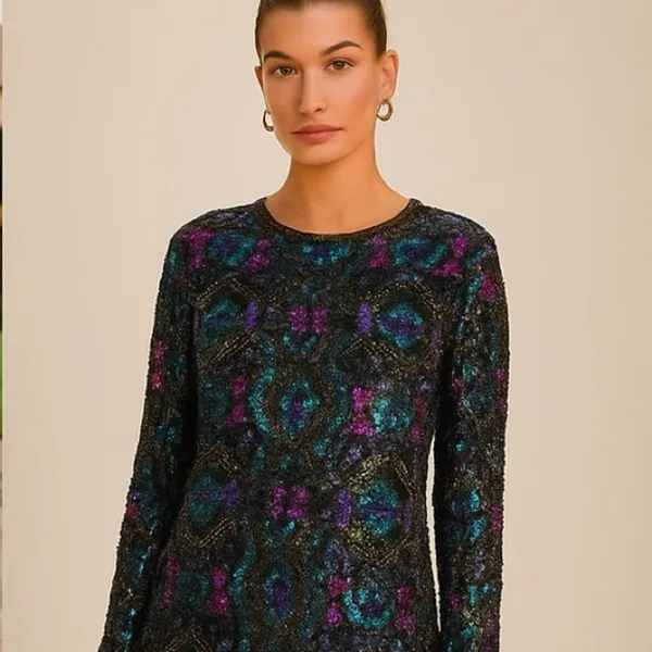 Vintage Art Deco 100% Silk Sequin & Beaded Top M - Image 13
