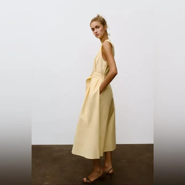 Nwt Zara Belted Poplin Midi Dress Butter Yellow Size S - Image 3