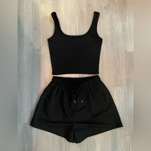 SHEIN Solid Ribbed Tank & Drawstring Shorts Black Lounge Set Size Small - Image 2