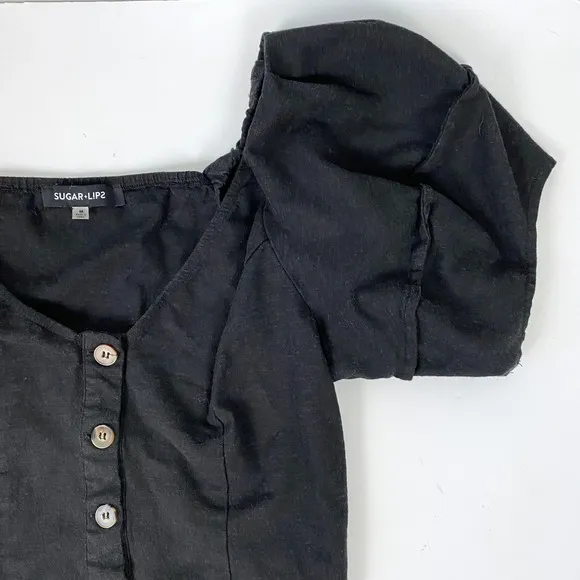 Sugarlips Mirabelle Puff Sleeve Top Black Linen Button Front V-Neck‎ Size Medium - Image 4