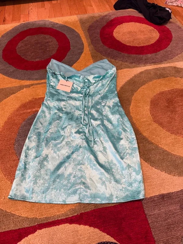 NWT Superdown Aqua Blue Satin Strapless Mini Dress Tie Back FLAWED See pics S - Image 5