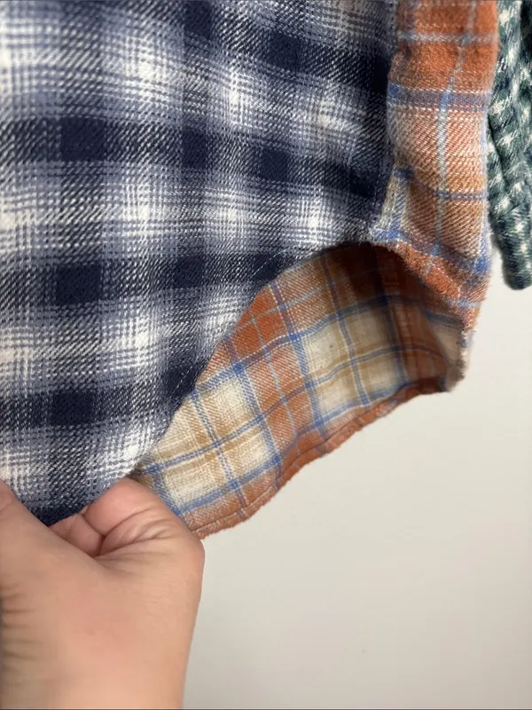 American Eagle Fall Plaid Patchwork Ragged Eclectic Grandpa Flannel Shirt sz L - Image 7