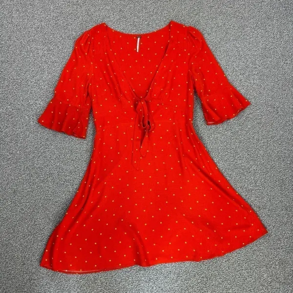 Free People All Yours Polka Dot Flounce Sleeve Mini Dress Orange Size‎ 4 V Neck - Image 14