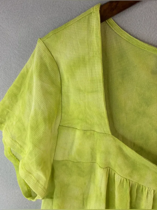 Avenue 14/16 Fine Mesh Nylon Neon Lime Short Sleeve Square Neck Blouse Top - Image 3