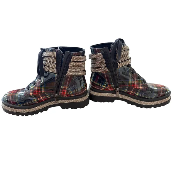 Jessica Simpson Ebrina Tartan Red Green Black Rhinestone Embellished Combat Boot - Image 3