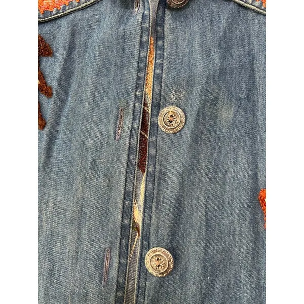 Vintage 90s Keren Hart Fall Autumn Leaf Embroidered Denim Button Down Orange M - Image 7