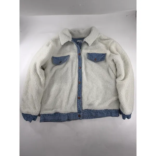 BP Reversible Denim Faux Shearling Jacket Blue Ivory Button Front Womens XL - Image 6