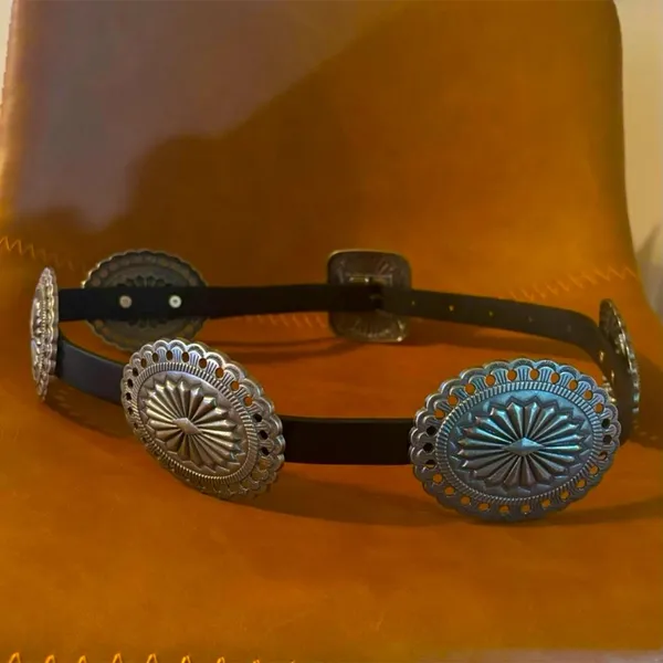 ANGRY SNAKE Western Black & Pewter Carved Concho Vegan Leather Belt - Image 2