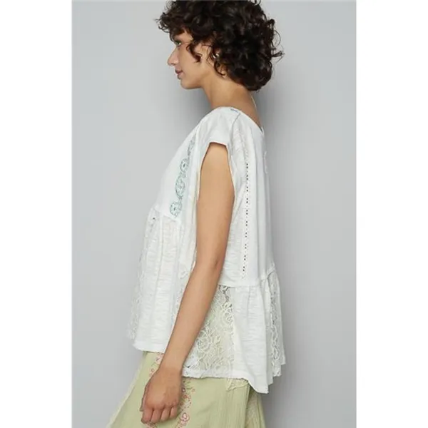 POL‎ Embroidered Detail Boat Neck Cap Sleeve Lace Blouse - Image 3