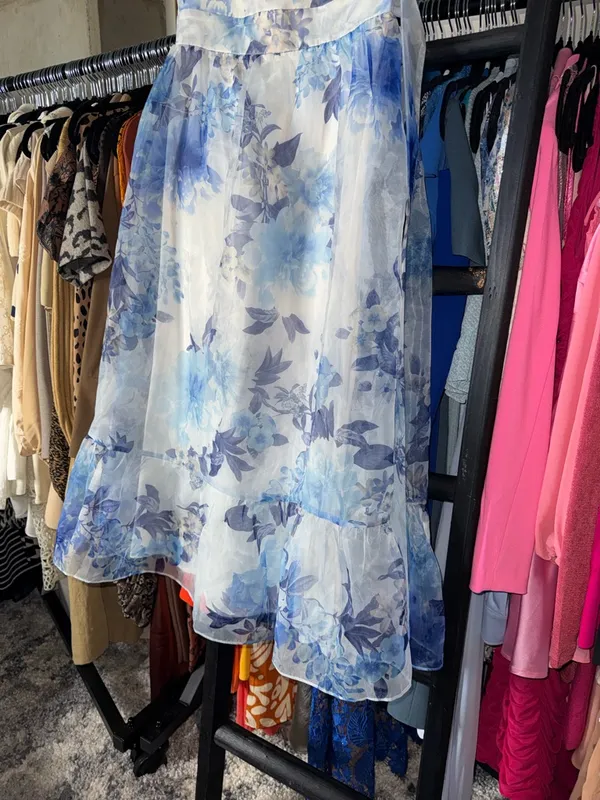 Lulus Sweet Composure Blue Floral Organza Off Shoulder Midi Dress Medium New NWT - Image 9