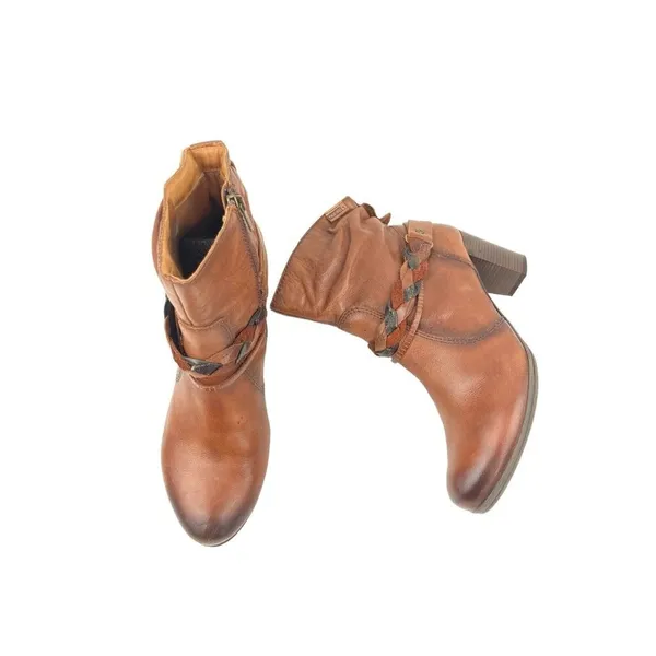 *Pikolinos Heeled Ankle Booties Womens Size 40 Brown Leather Zip Braided Strap - Image 3