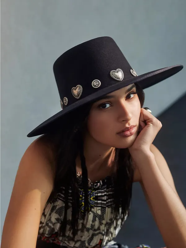 Wyeth Rochelle Boater Hat Black Wool Felt Western Heart Concho Vintage Cowgirl - Image 2