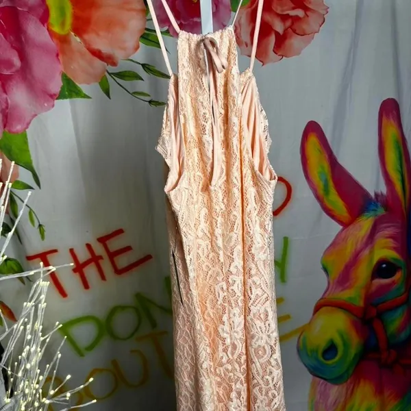 X276. Venus - peach lace mini dress with ruffles and tie back detail - Image 3