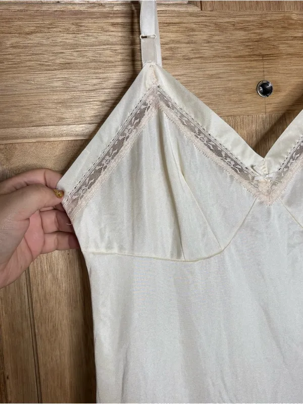 Women's Cream Satin Slip Dress with Lace Trim S/M - Image 2