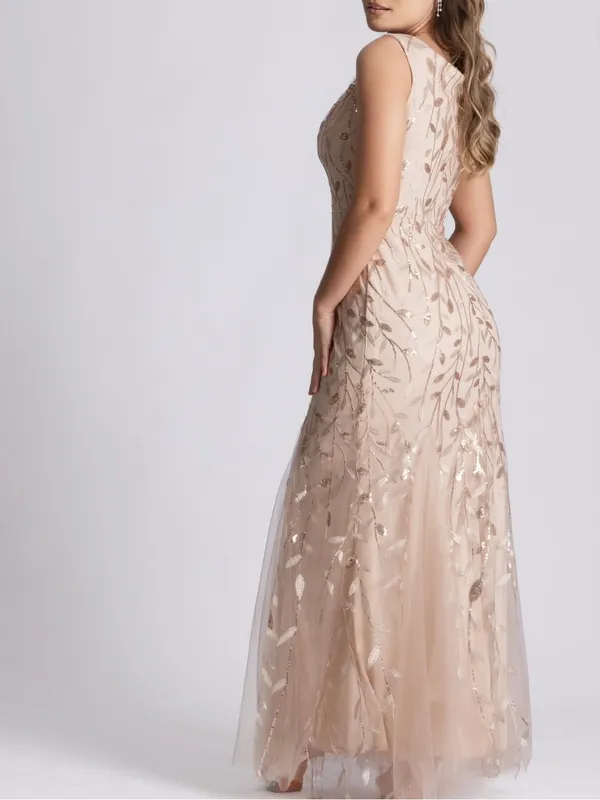 HY Formal Gown with Sequin/Embroidered Leaf Pattern & Tulle Trumpet Hem 12 NWT - Image 2