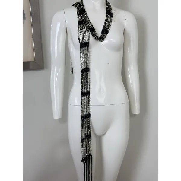 Women’s Black Crocheted Gold Bead Fringe Necklace Scarf Belt 72x2 - Image 2