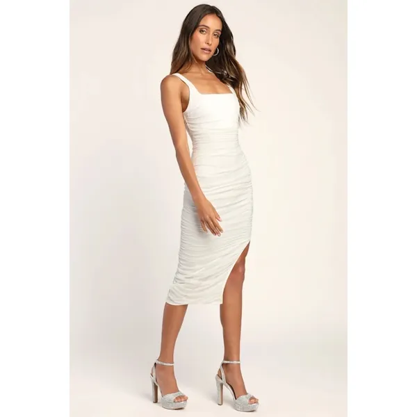NWT Lulus V.I.P. Treatment White Mesh Ruched Bodycon Midi Dress Party Sexy Sz M - Image 8