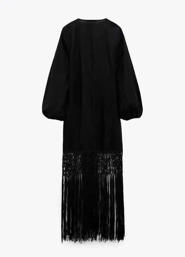 Zara dress midi black linen fringed fringes boho - Image 9