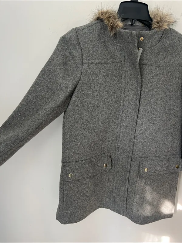 J.Crew Mercantile Gray Wool Blend Faux Fur Hooded Coat Jacket Size 10 ©️ - Image 2