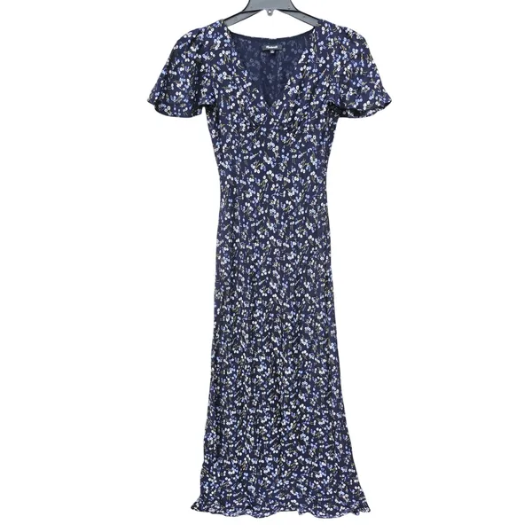 Madewell Seamed Flutter Sleeve Maxi Dress Navy Floral V-Neck NU512 Size 0 - Image 3