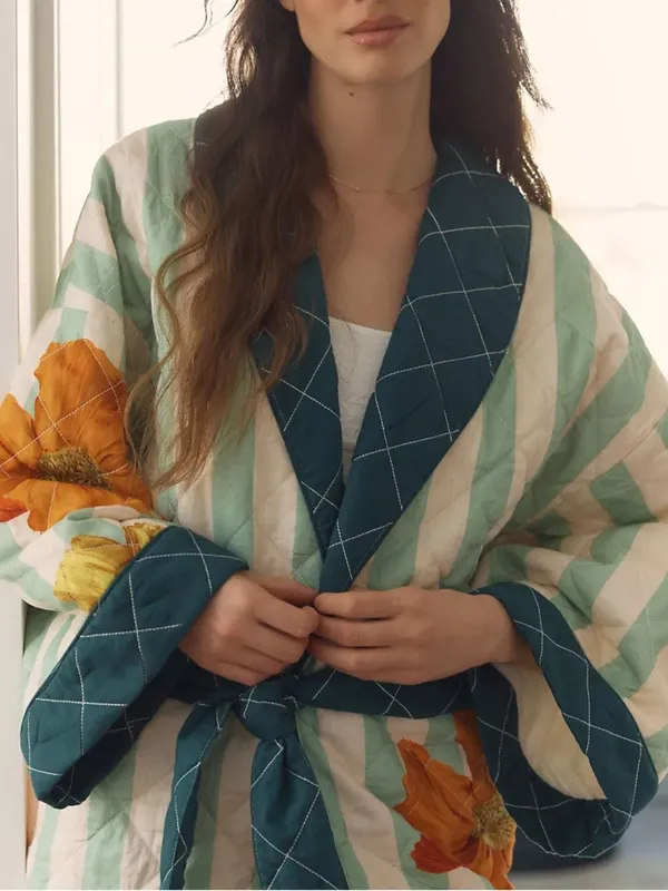 Missing Belt Anthropologie Nay Bellamy x LyreBird Quilted Printed Flannel Robe - Image 3