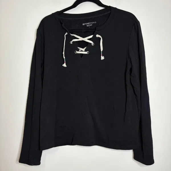 Beyond Yoga Black Lace Up Long‎ Sleeve Sweatshirt Top L Activewear - Image 3