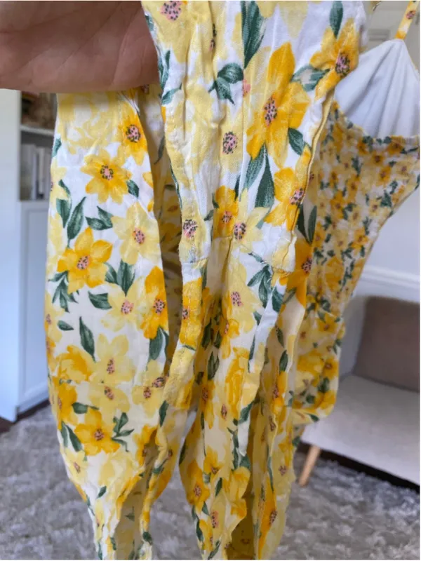 AUW Yellow Floral‎ Smocked Mini Romper Shorts Pockets Cottagecore Coquette Boho - Image 4