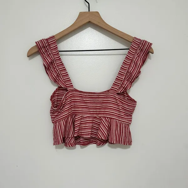 Urban‎ Outfitters | Woman's Red White Striped Ruffle Strap Peplum Crop Top, S - Image 2