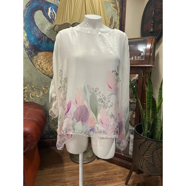 Viola Borghi Italy 100% Silk Floral Boho Kimono Blouse Top White Pink L Large - Image 3