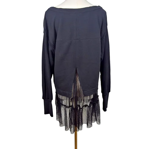 Anthropologie Black Tulle Sweatshirt Sheer Swiss Dot Ruffle Lace Oversized MED - Image 6