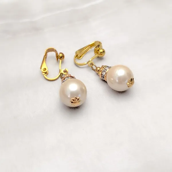 Vintage Clip On Earrings Rich Gold Tone Clear Gems, Faux Pearl Dangle Drop - Image 2
