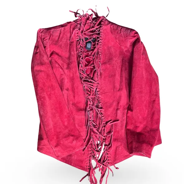 Vintage Red Suede‎ Leather Fringe Jacket Western Boho Statement Festival Piece - Image 7