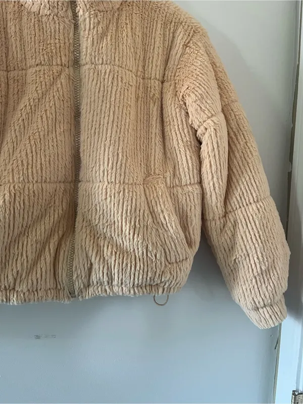 Forever 21 Cream Yellow Teddy Plush Zip Up Jacket Medium Cozy Winter Neutral - Image 4