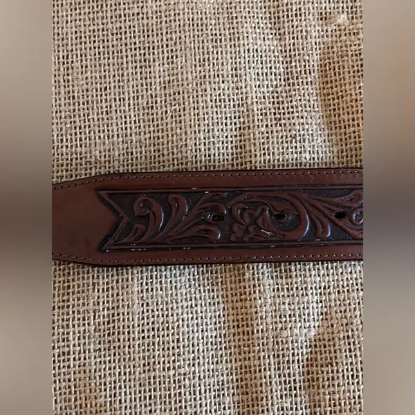 Justin Boots Brown Tooled Cowhide Leather Concho Coin Belt Silver Buckle western 32 in - Image 9