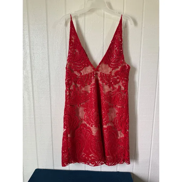Free People Red Sequin Lace Mini Dress V-Neck Spaghetti Strap Cocktail Size 2 - Image 5