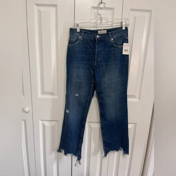 We The Free Dark Indigo Distressed Raw-Hem Straight Jeans NWT Waist 25" - Image 2