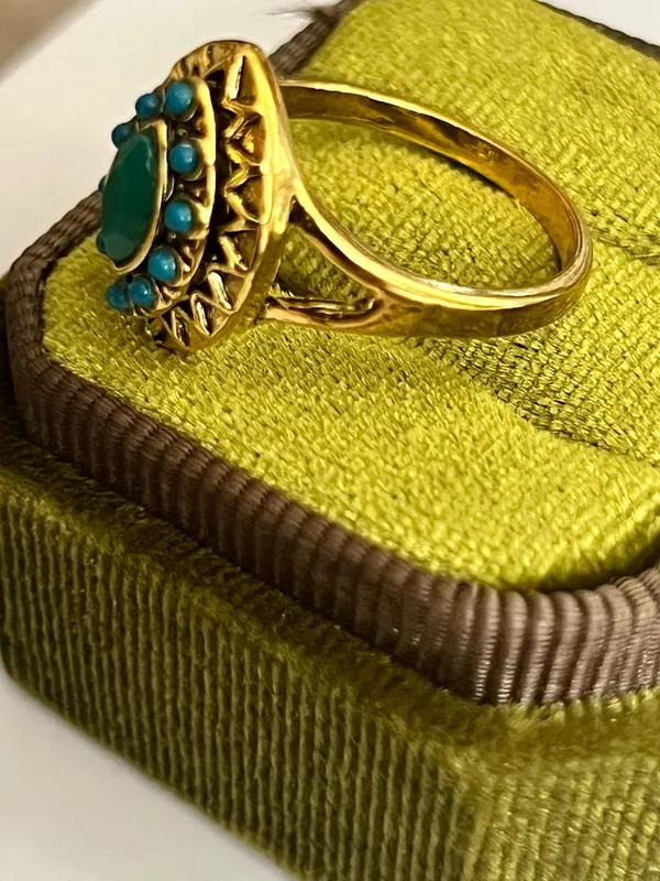 Green Onyx & Turquoise Marquise Titanium Steel Gold Tone Statement Ring Size 9 - Image 4