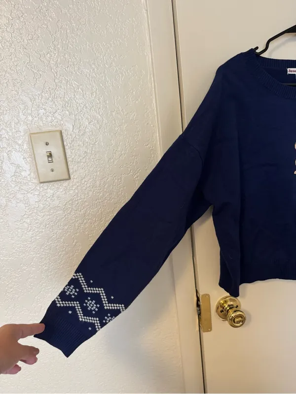 Sweet Envy Navy Blue Cropped Bunny Knit Sweater Coquette Kawaii Preppy Bow Sz L - Image 3