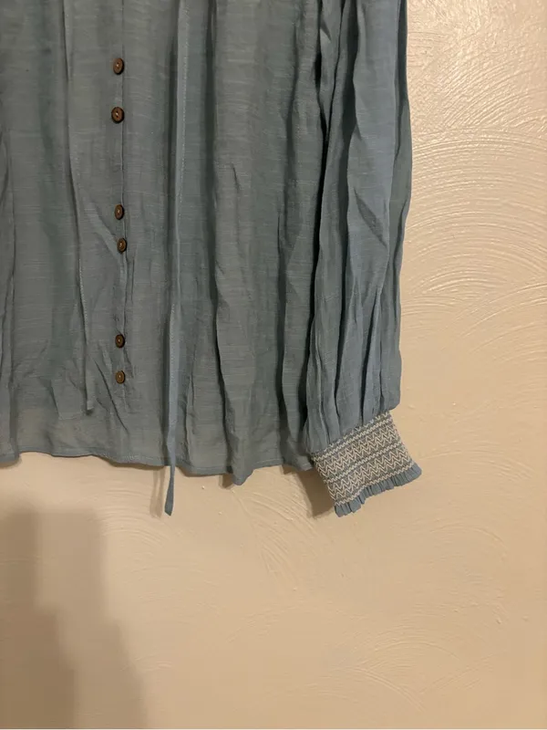 Perch by Blu Pepper Boho Peasant Blouse XL Blue Smocked Long Sleeve Cottagecore - Image 8
