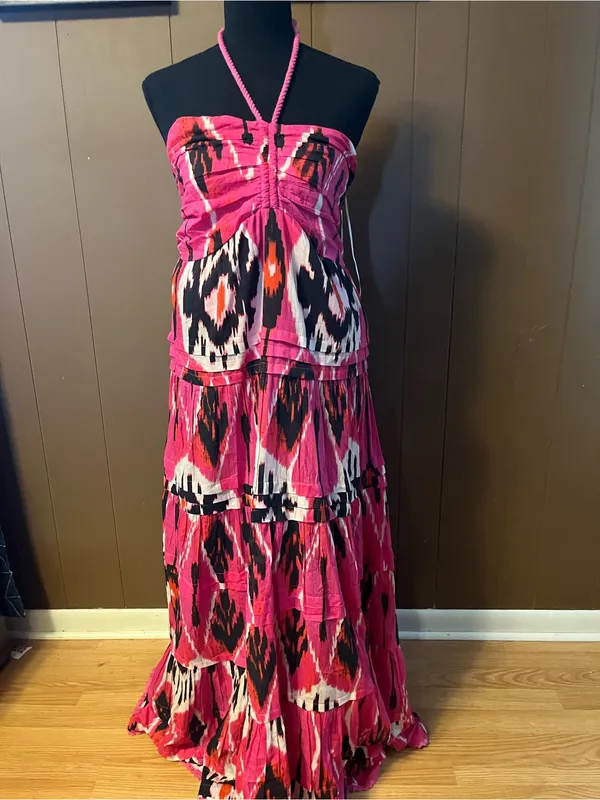 Hot Pink Halter Tiered Strapless Maxi Dress - Image 2