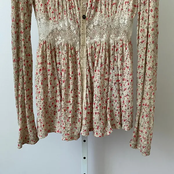 Free People Cotton Y2K Fairy Peasant Babydoll Floral Lace Cardigan Top XS Beige - Image 3