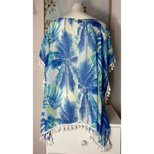 SHEIN Blue White Tropical Floral Sheer Tassel Beach Cover Up Size Large - Image 10